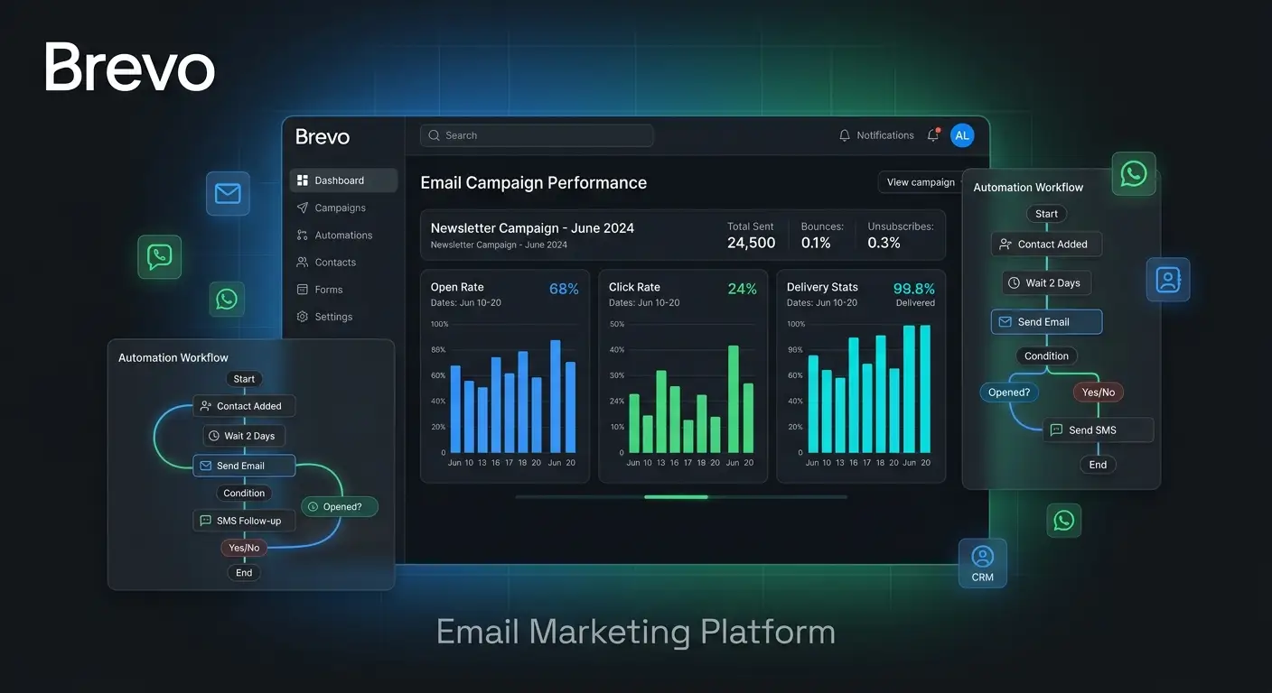 Brevo email marketing platform dashboard showing campaign analytics and automation