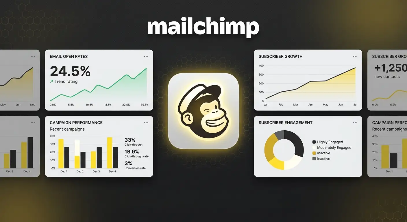 Mailchimp email marketing platform dashboard showing campaign performance and audience analytics