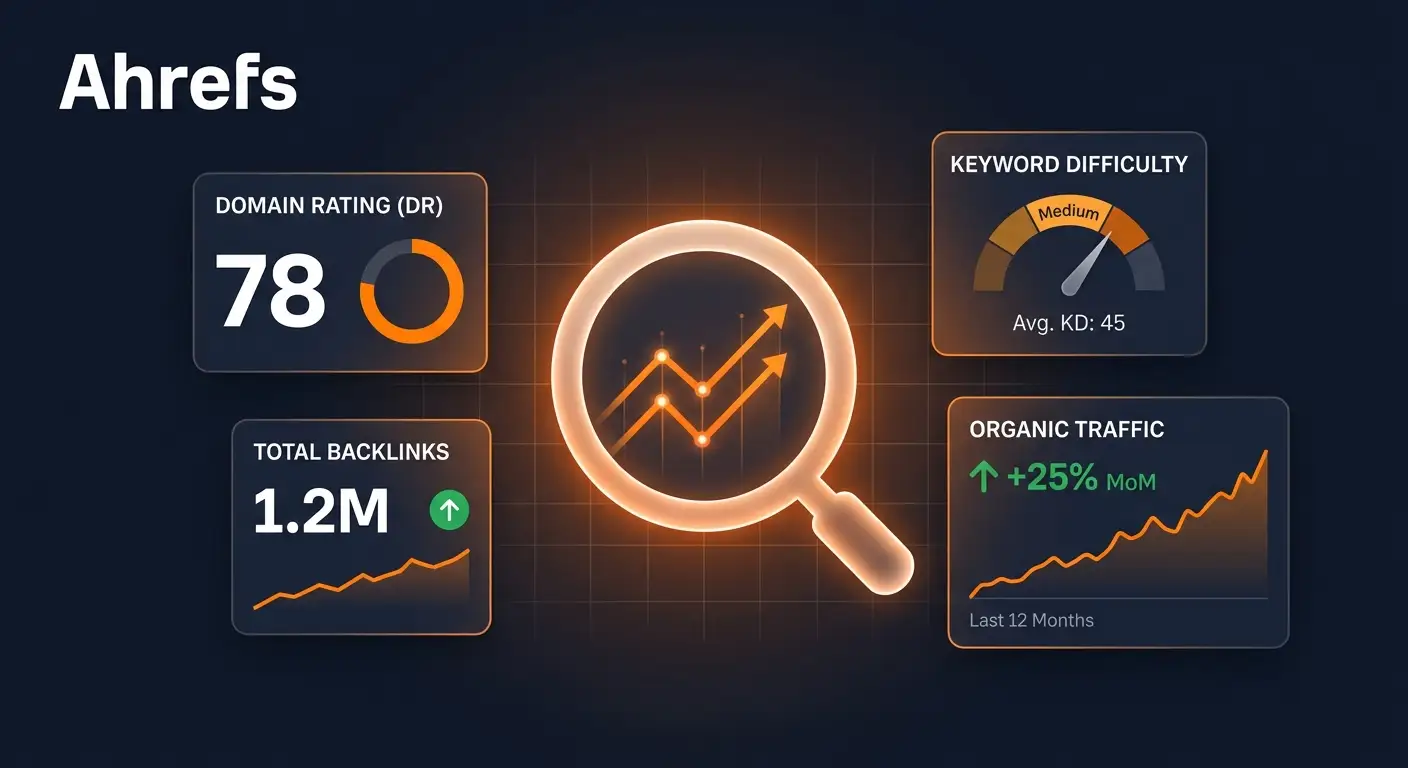 Ahrefs SEO tool dashboard showing backlink analysis, keyword research and site audit results